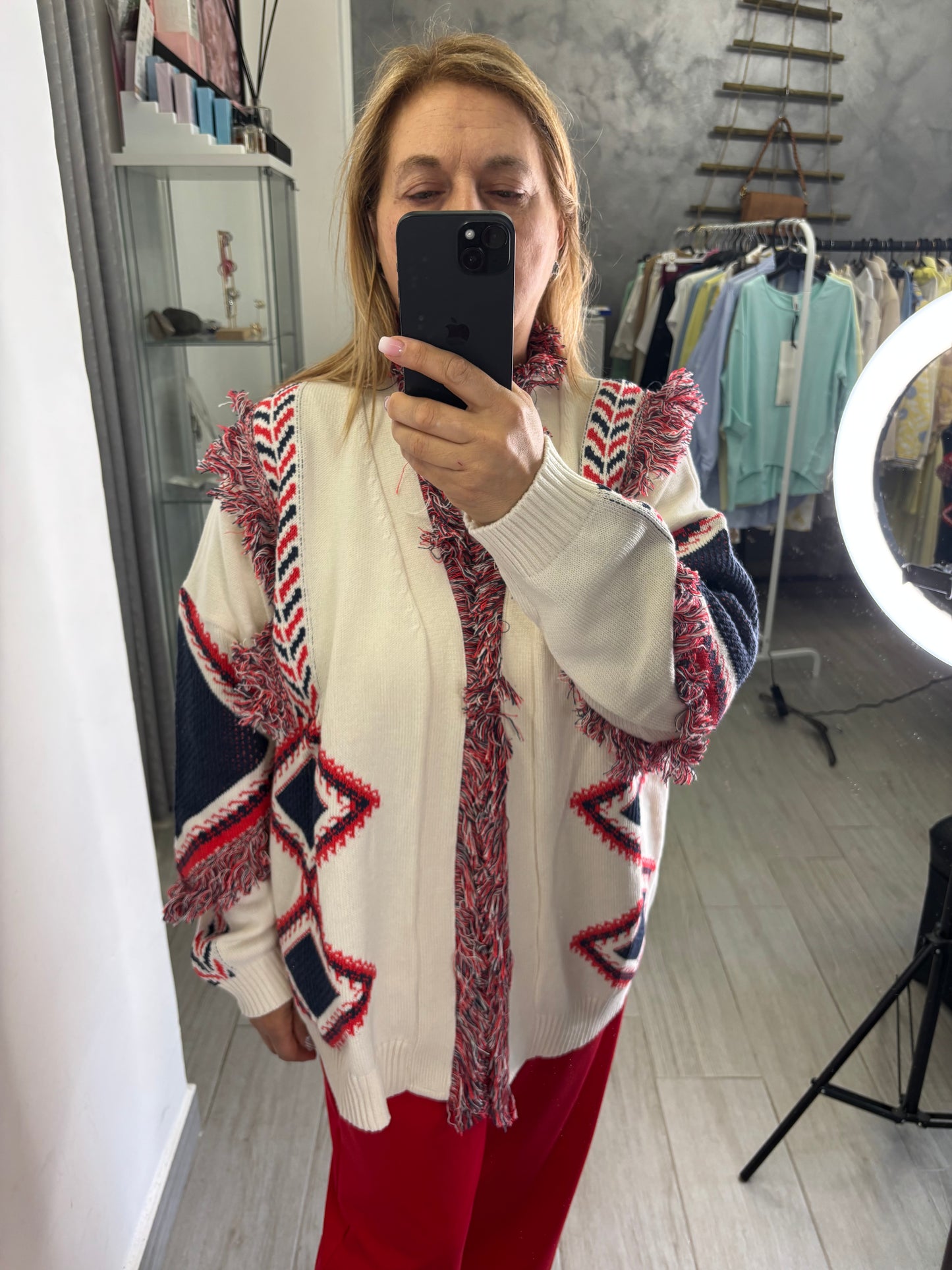 Cardigan Vicolo Etnico Bianco/Rosso/Blu