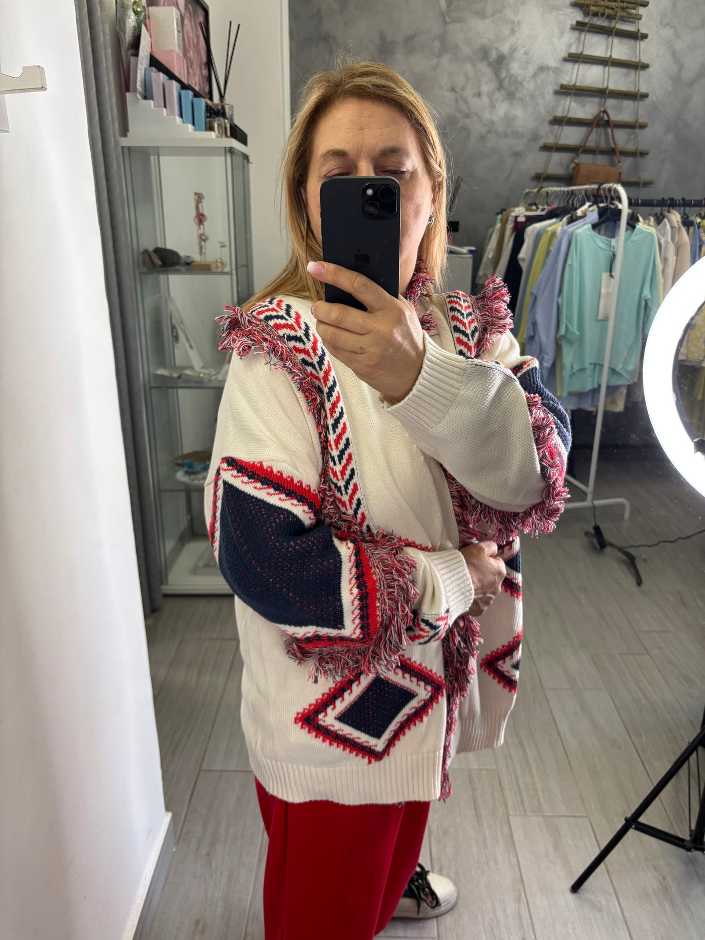 Cardigan Vicolo Etnico Bianco/Rosso/Blu