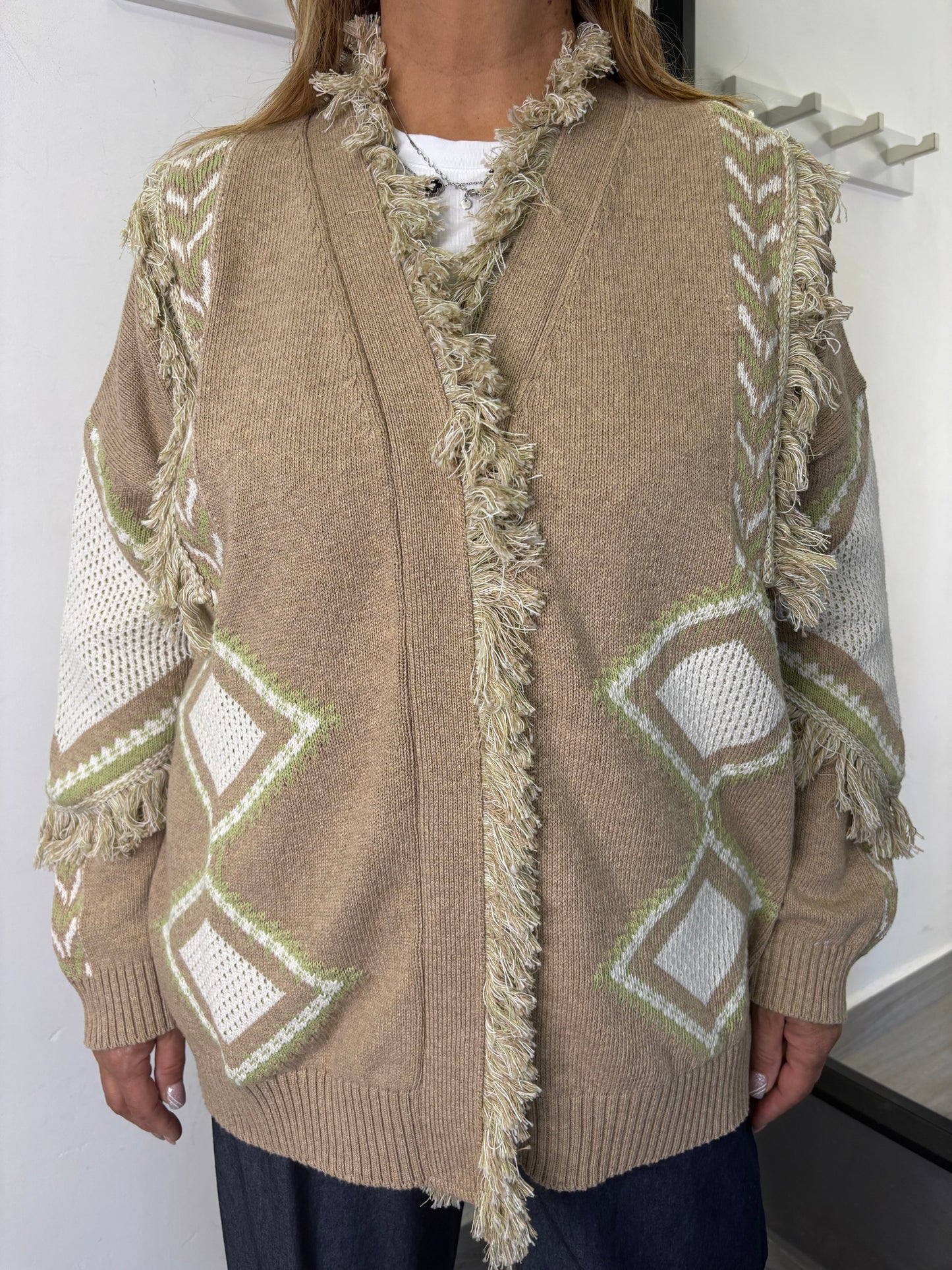 Cardigan Vicolo Etnico Beige/Bianco/Verde
