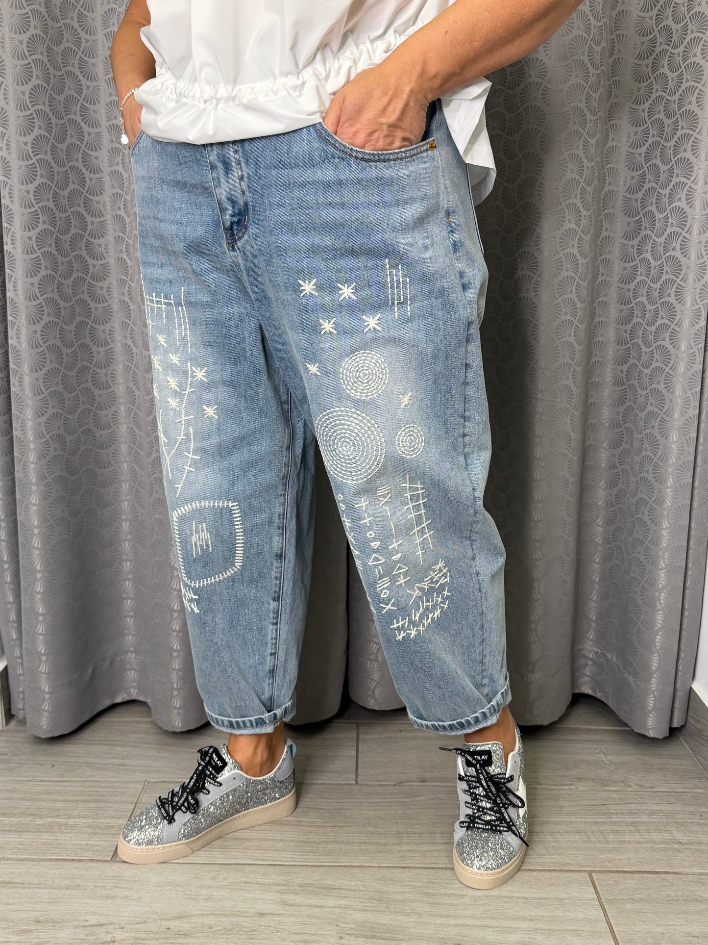 Jeans Chiaro Wendy Ricamo Bianco