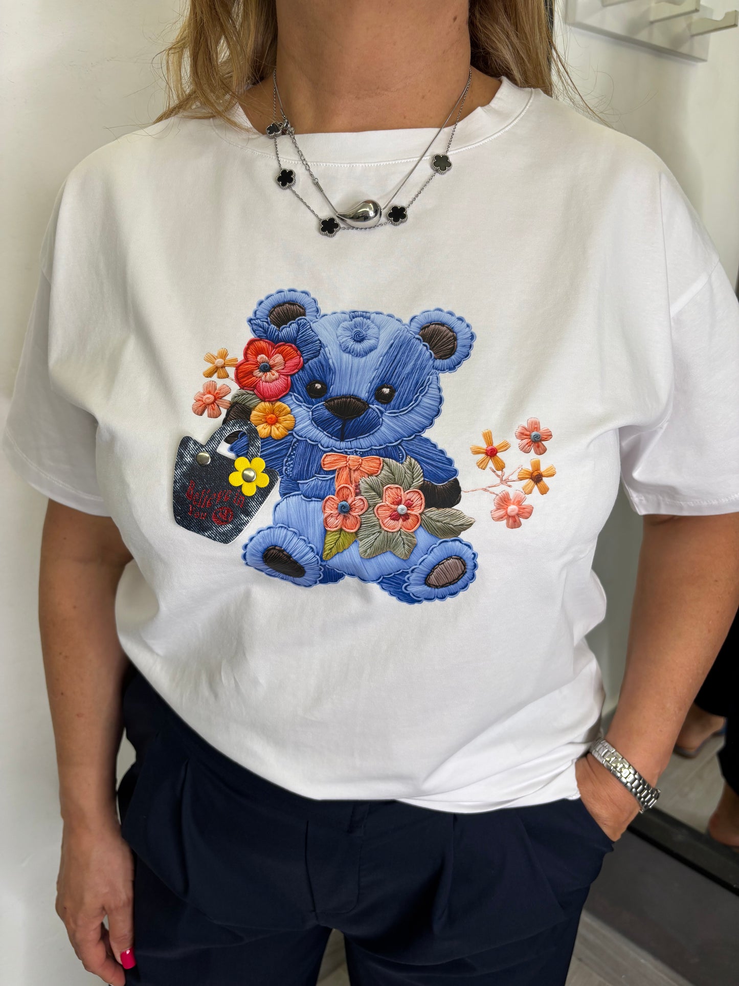 T-shirt Orsetto Fiore Blu