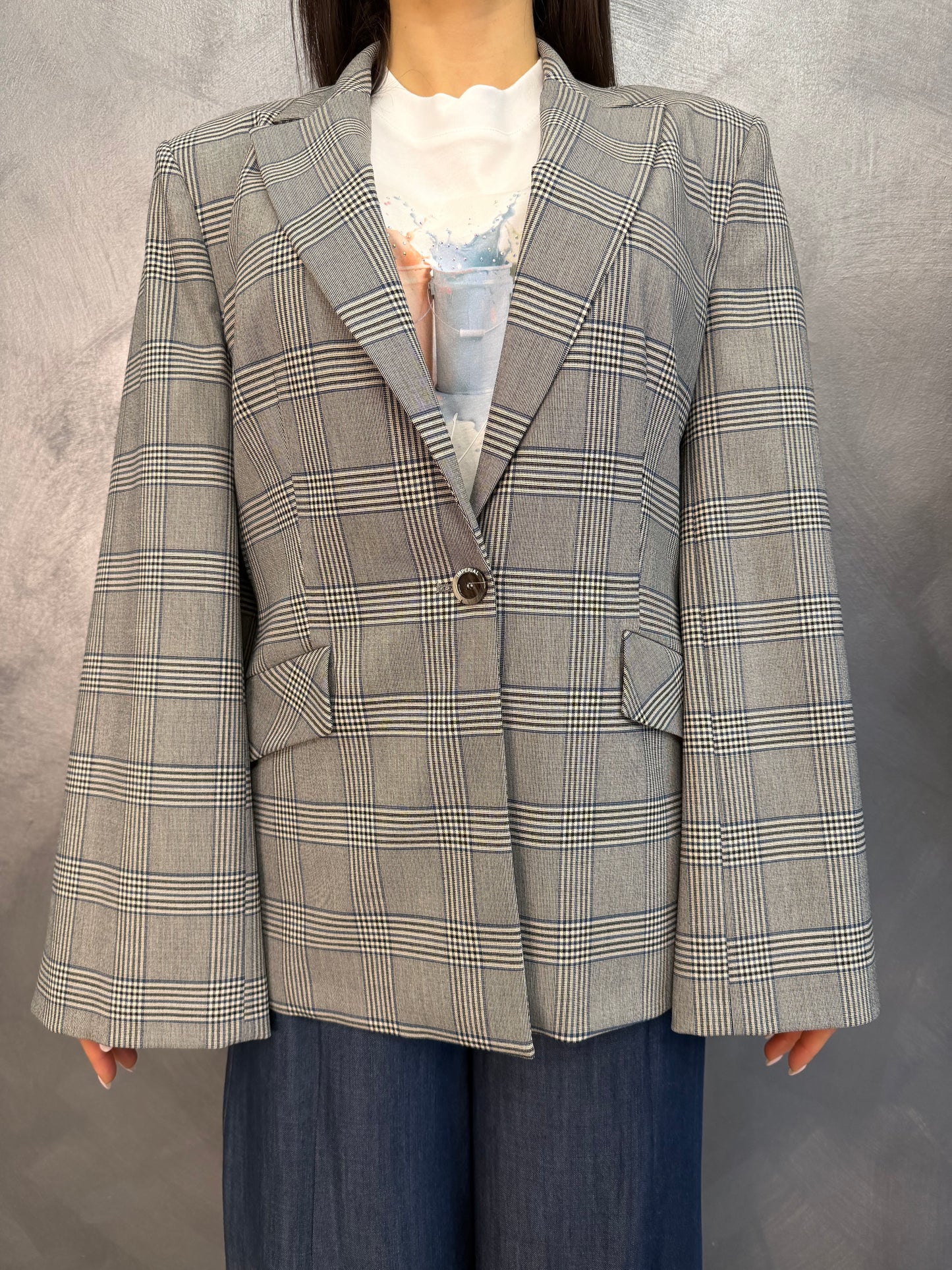 Giacca A Quadri Panna/Blu Imperial