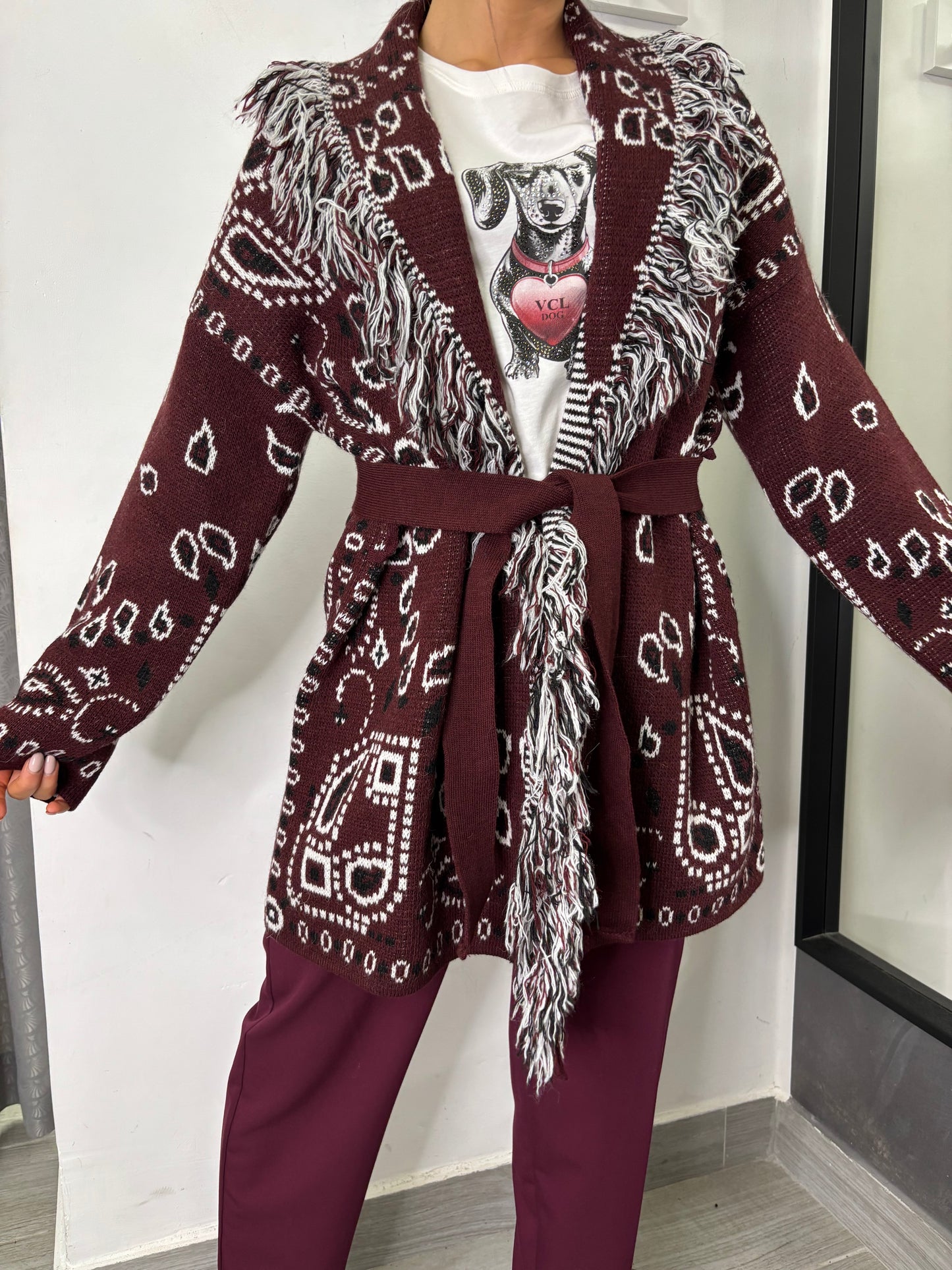 Cardigan Etnico Burgundi /Bianco/Nero Vicolo