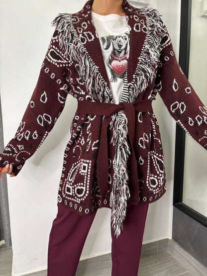 Cardigan Etnico Burgundi /Bianco/Nero Vicolo