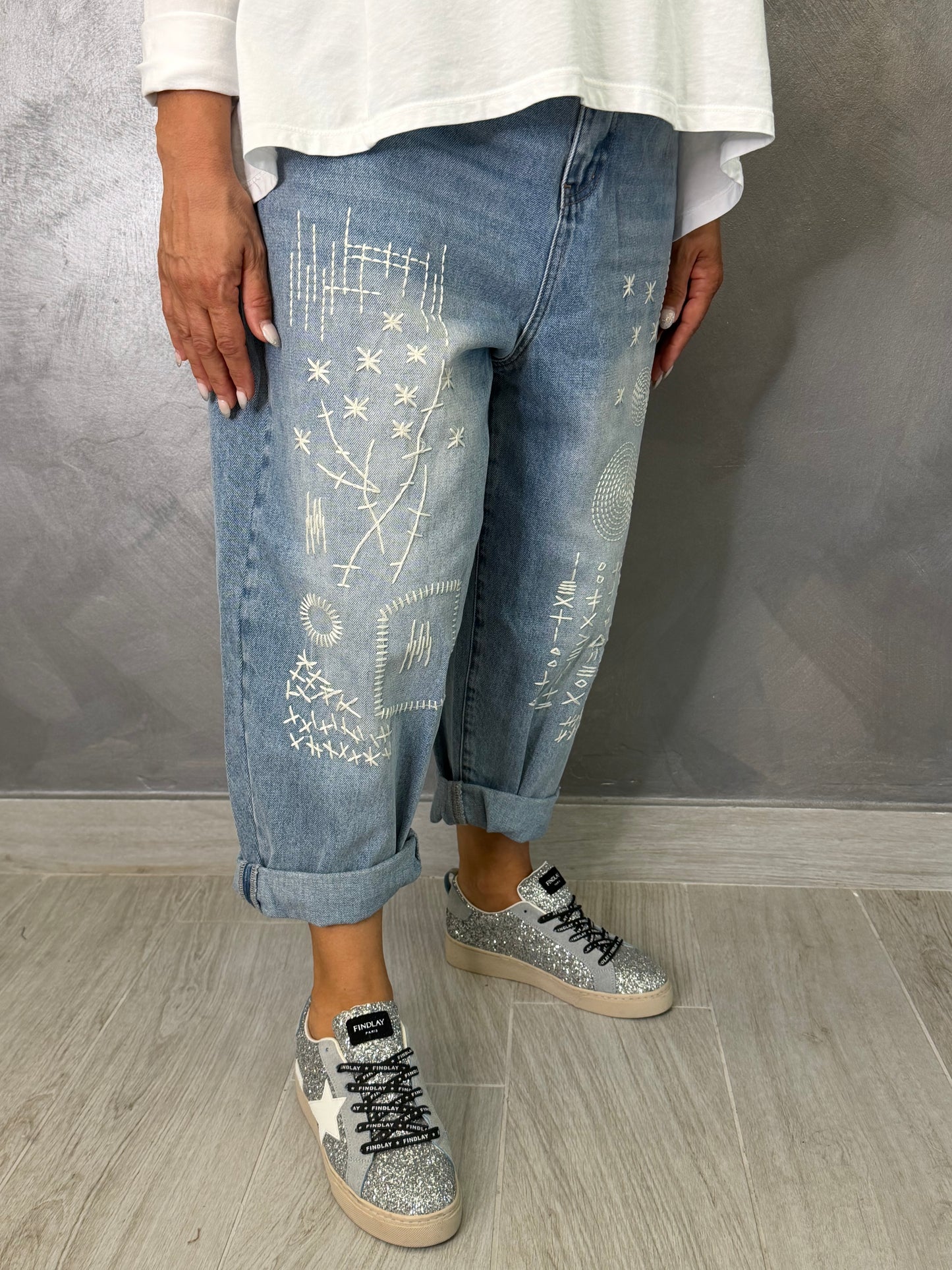 Jeans Chiaro Wendy Ricamo Bianco