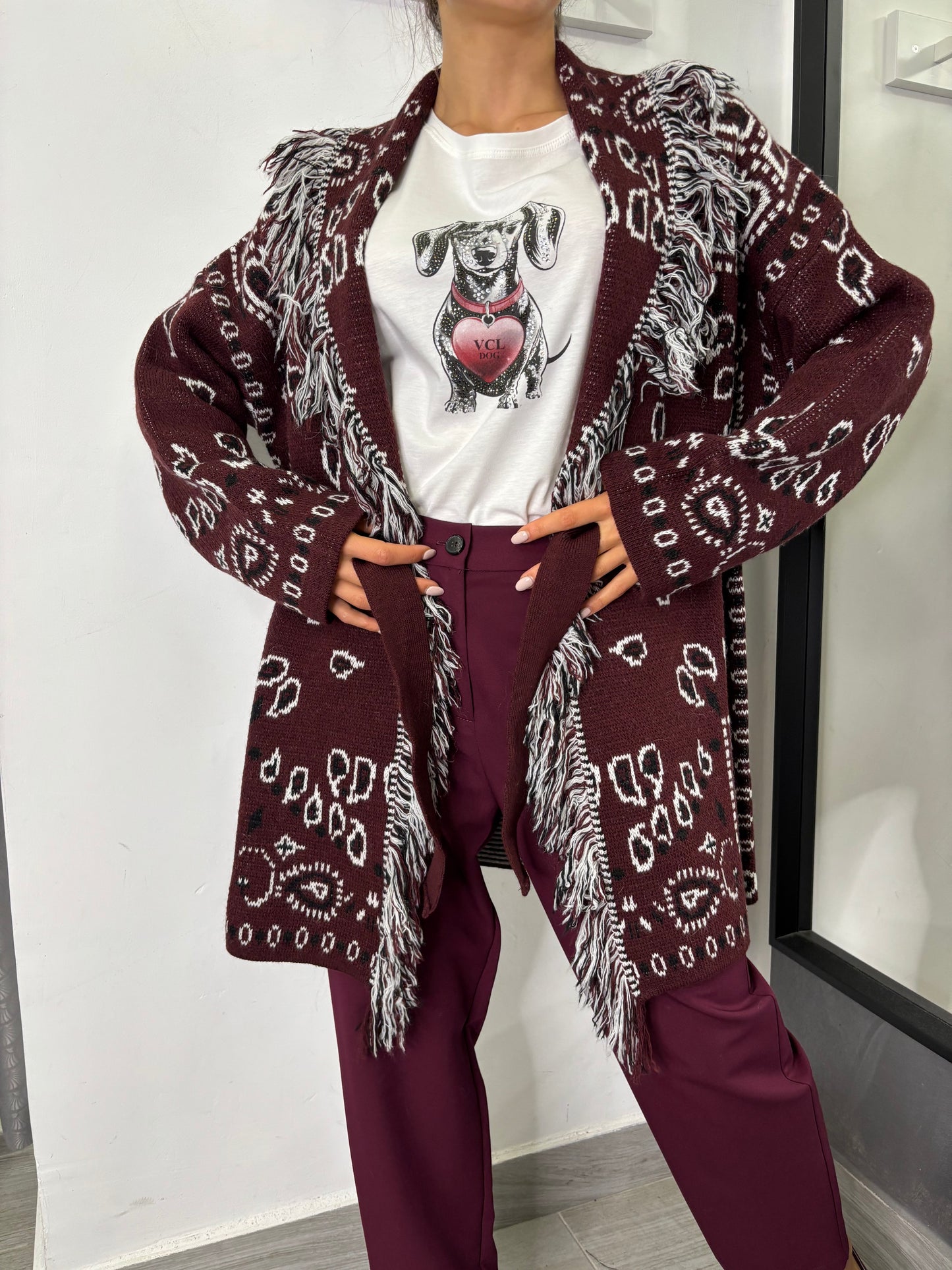 Cardigan Etnico Burgundi /Bianco/Nero Vicolo