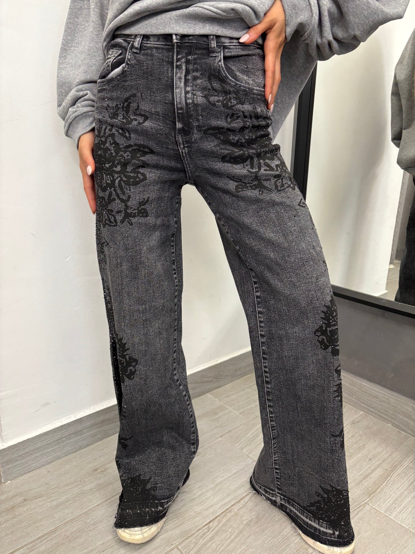 Jeans Pizzo e Strass Neri