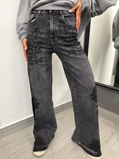 Jeans Pizzo e Strass Neri
