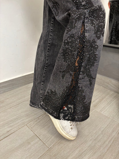 Jeans Pizzo e Strass Neri
