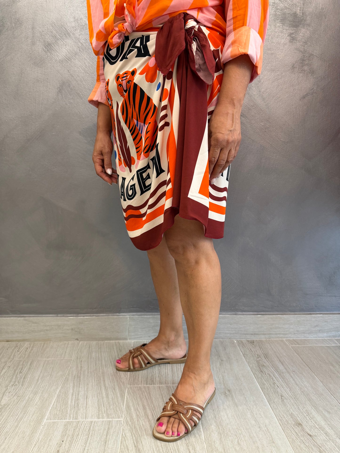 Gonna Midi Pareo Tigre Arancio/Bordeaux