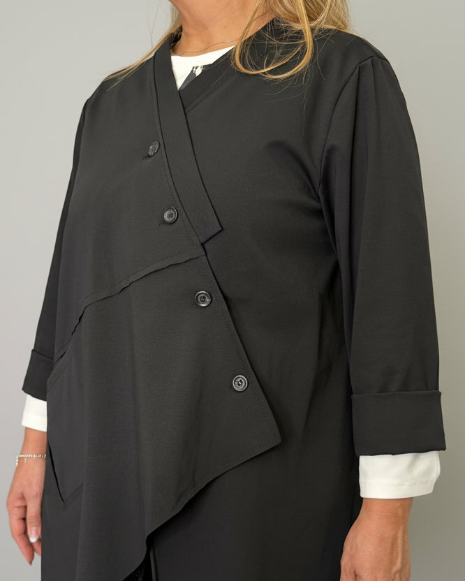 Dettaglio bottoni asimmetrici e trama tessuto tecnico cotone stretch nero