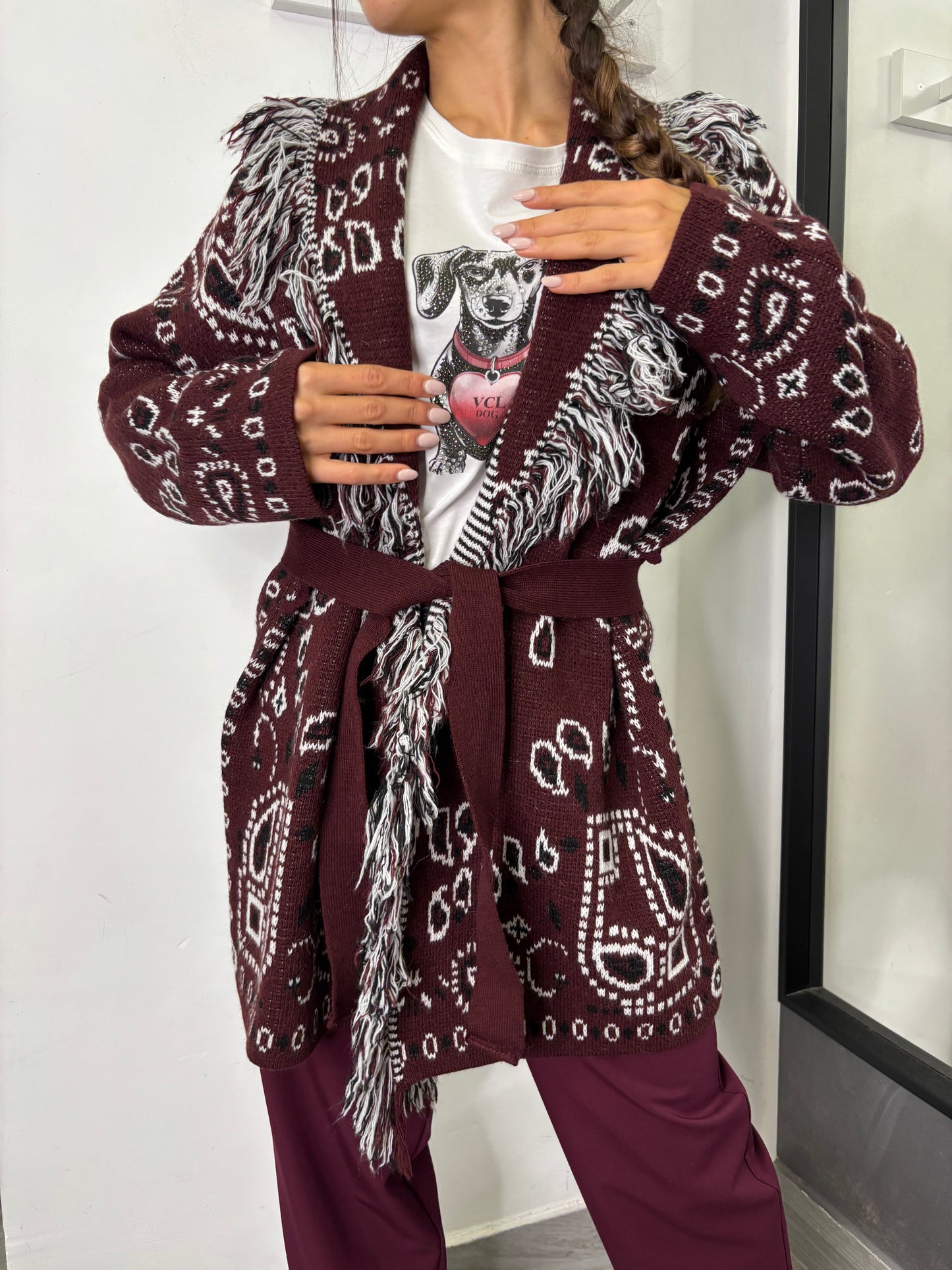 Cardigan Etnico Burgundi /Bianco/Nero Vicolo