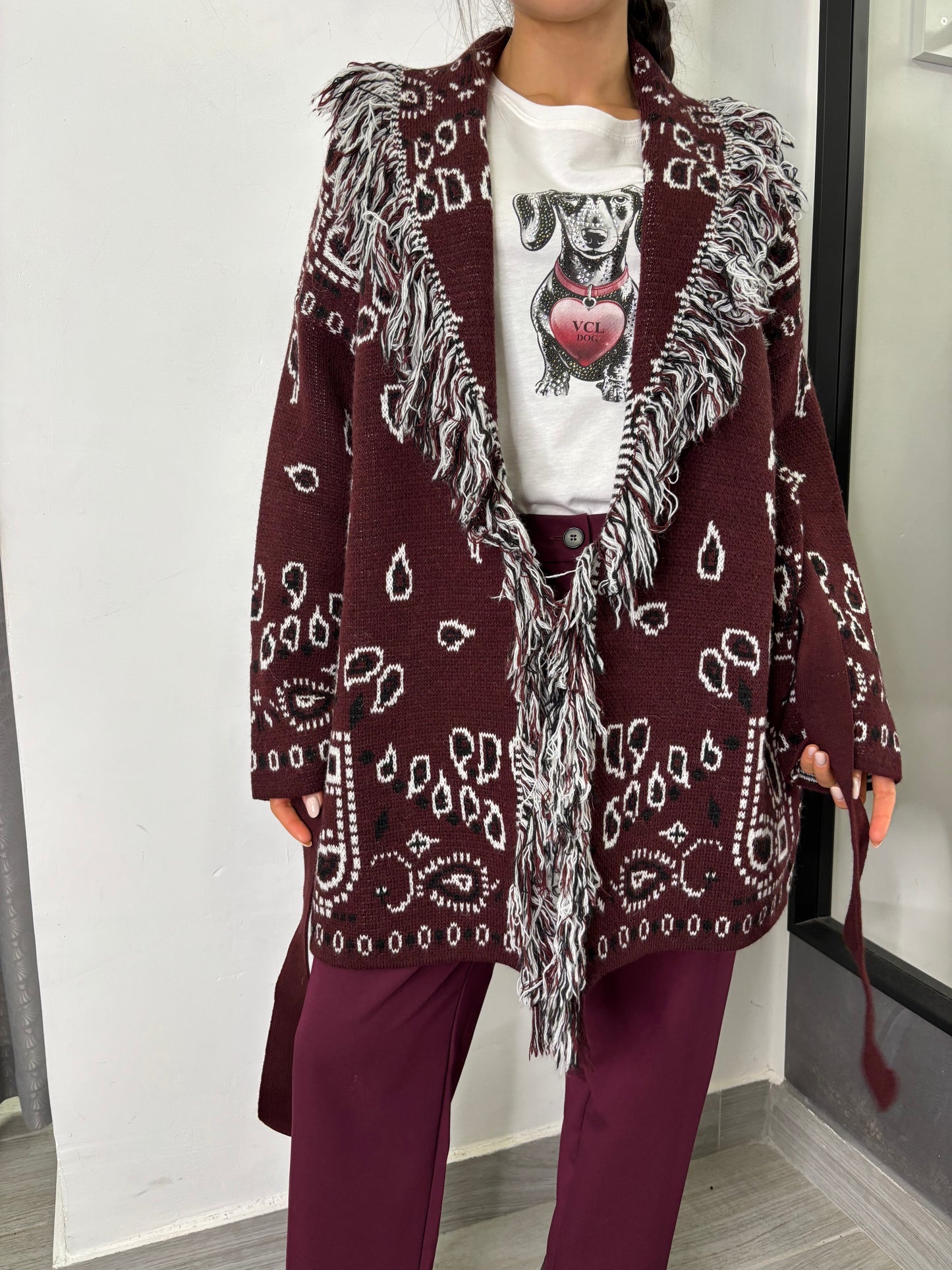 Cardigan Etnico Burgundi /Bianco/Nero Vicolo