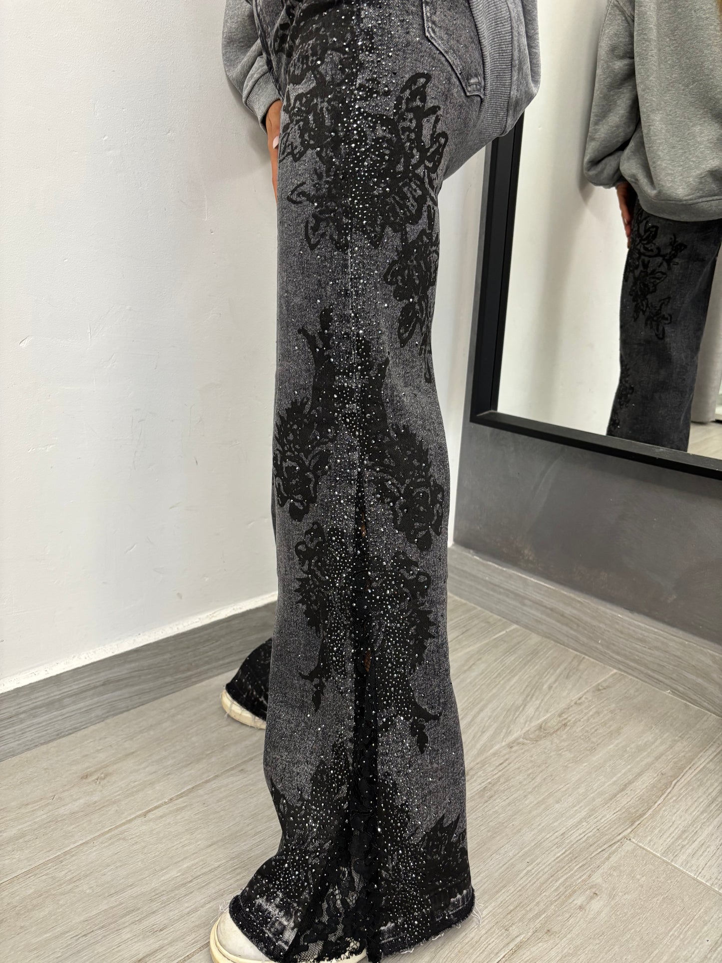 Jeans Pizzo e Strass Neri