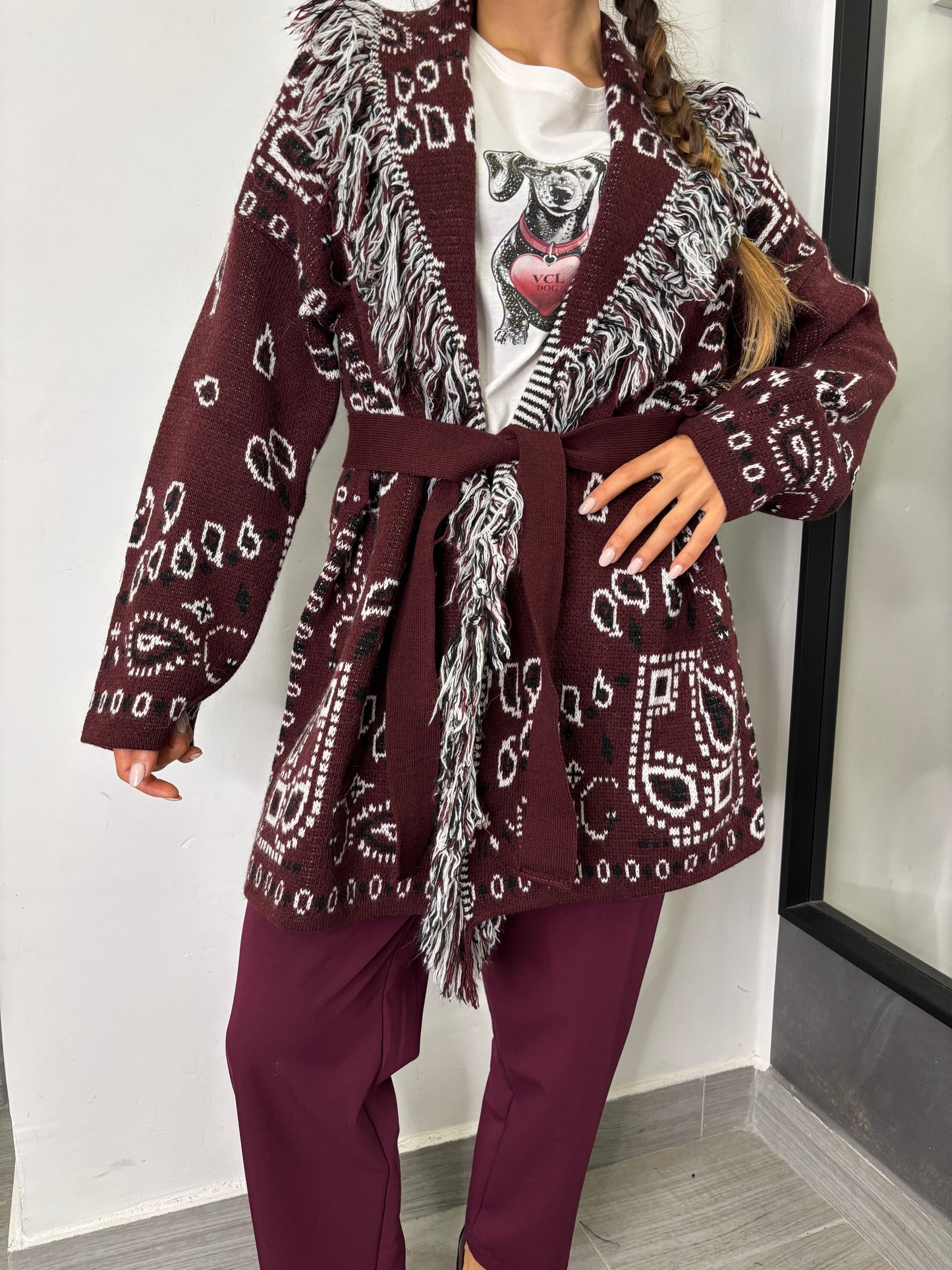 Cardigan Etnico Burgundi /Bianco/Nero Vicolo