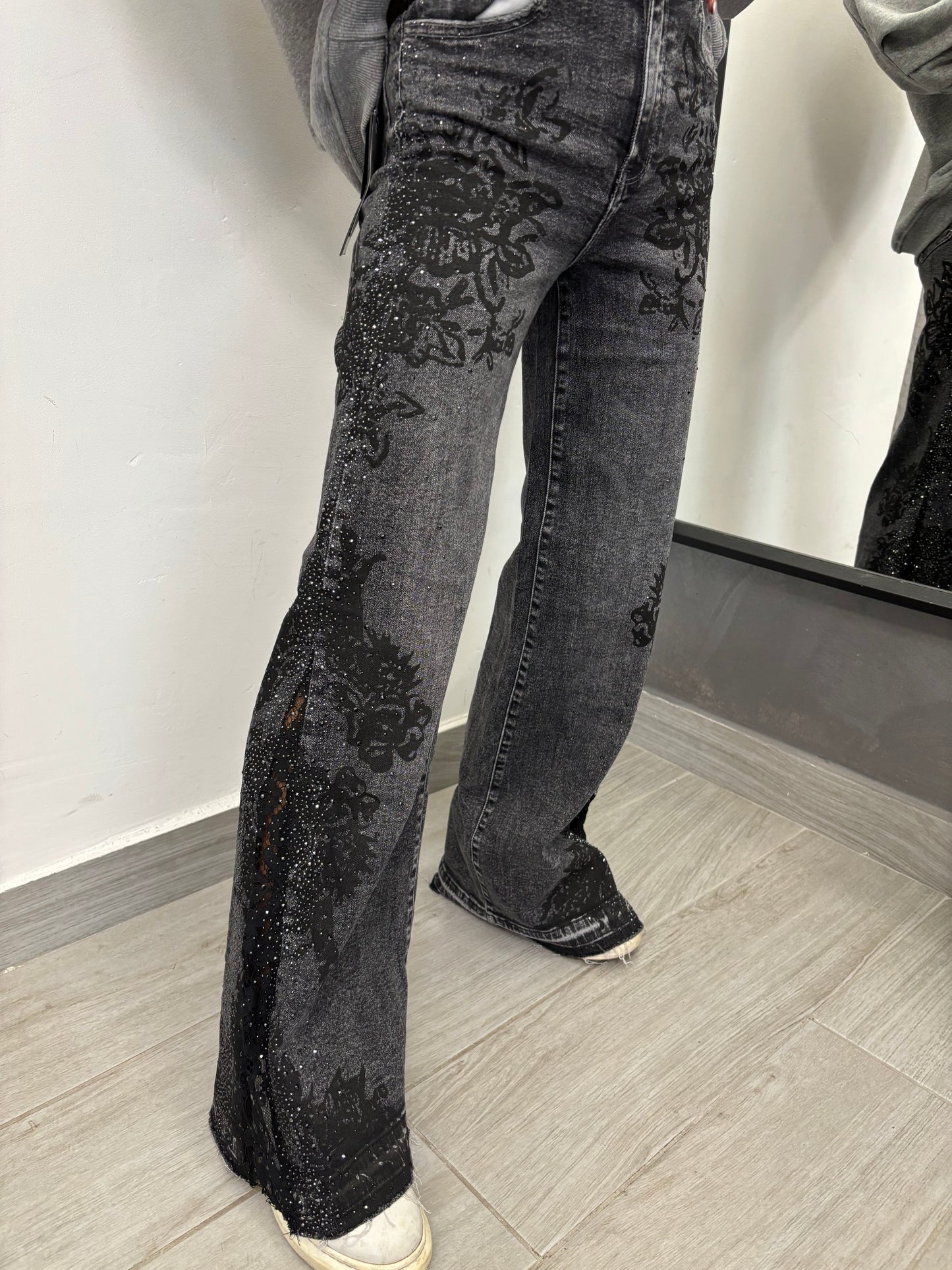 Jeans Pizzo e Strass Neri