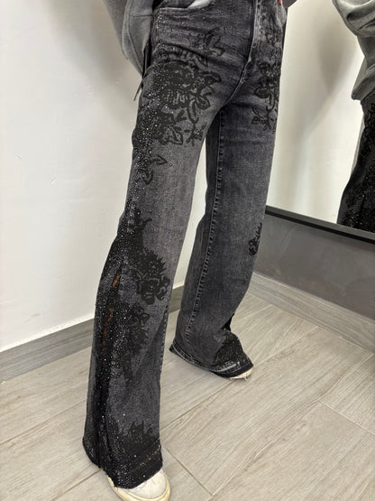 Jeans Pizzo e Strass Neri