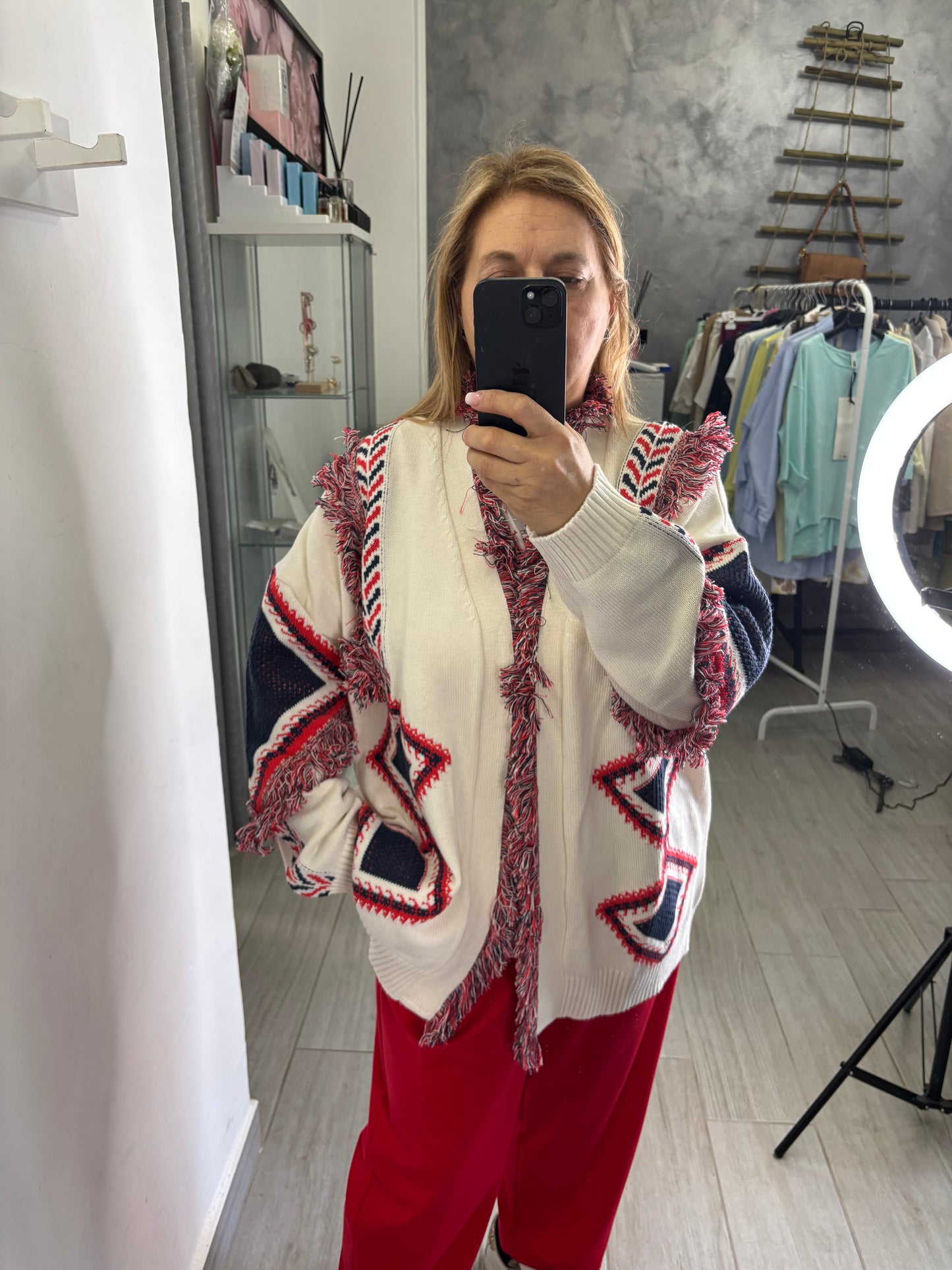 Cardigan Vicolo Etnico Bianco/Rosso/Blu